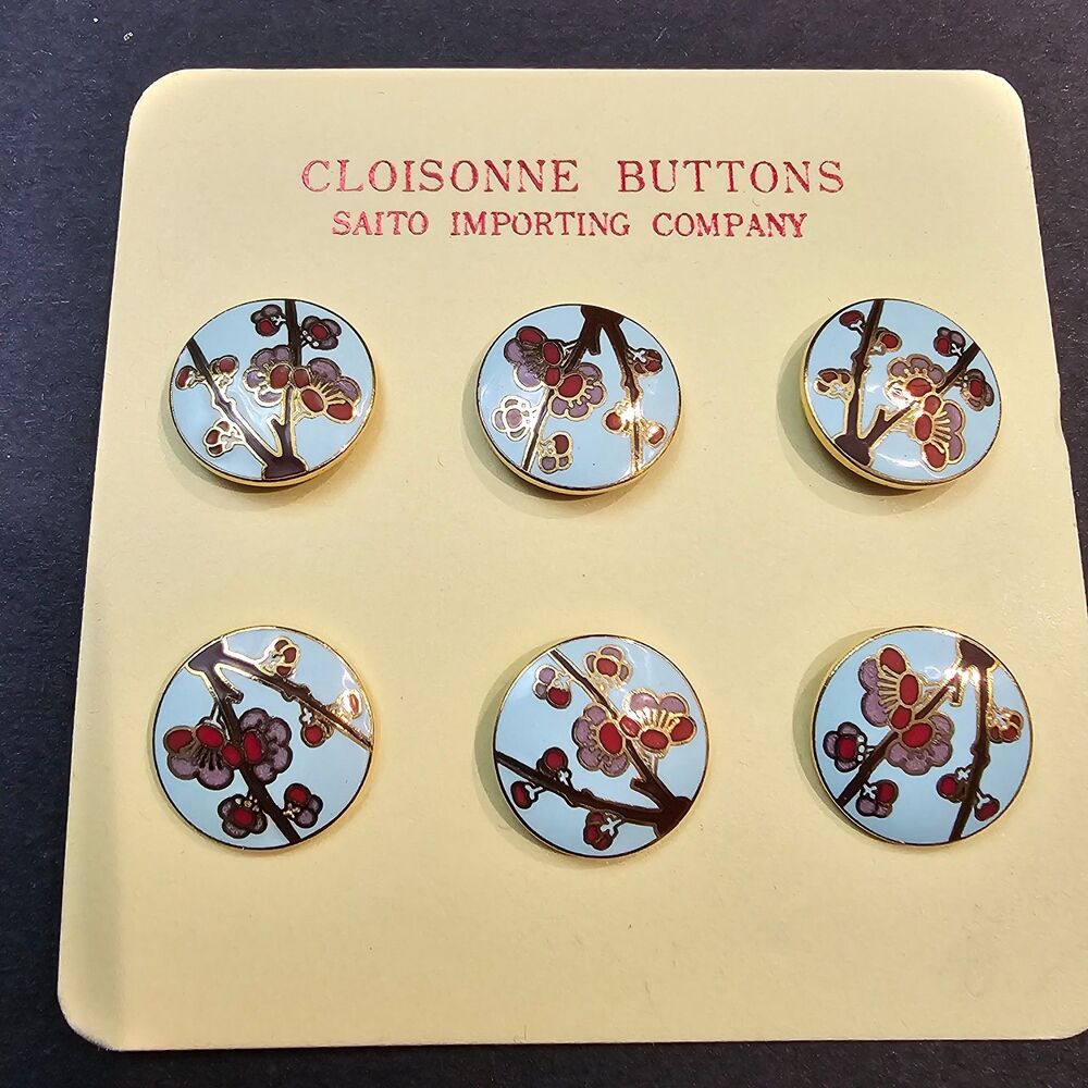 Vtg Saito Importing Company Cloisonne Buttons Set of 6 Cherry Blossom 1950s